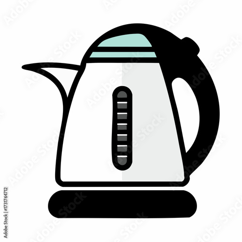 Modern electric kettle vector illustration, white and black kitchen appliance with water level indicator for boiling water and hot drinks