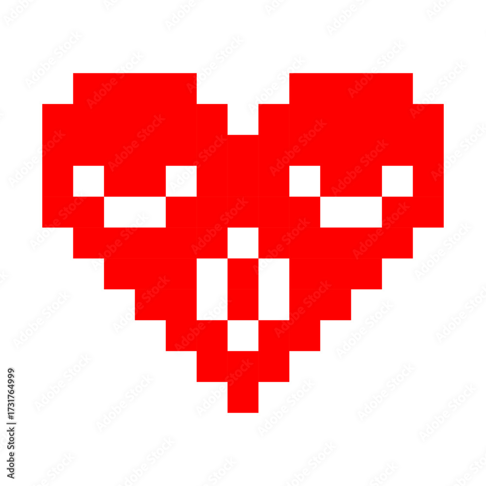 Obraz premium Pixelated red heart with cute wide eyed emoticon face, retro 8 bit digital style icon for playful romance, gaming, and Valentine's Day fun