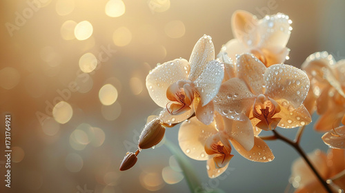 Elegant white iris flower in full bloom with delicate petals adorned by morning dew, beautifully illuminated against a golden bokeh background, symbolizing purity, grace, serenity, natural beauty, and