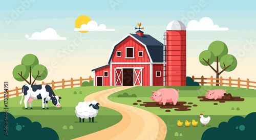 Farm animals grazing and playing in a rural setting with a barn.