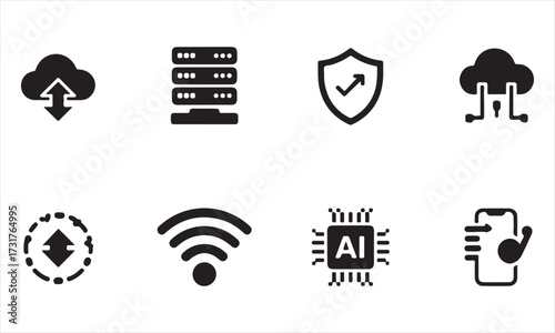 Collection of eight black technology and cloud computing icons upload download