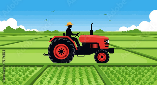Farmer driving a red tractor in a green field.
