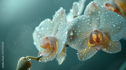 Elegant white iris flower in full bloom with delicate petals adorned by morning dew, beautifully illuminated against a golden bokeh background, symbolizing purity, grace, serenity, natural beauty, and