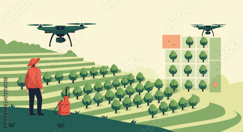 Farmer using drones for precision agriculture in a modern farm.