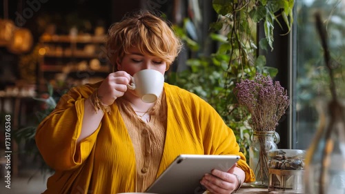 A plus-size woman enjoys coffee and browses a tablet in a cozy café, embracing self-care, confidence, comfort, and a calm lifestyle.
