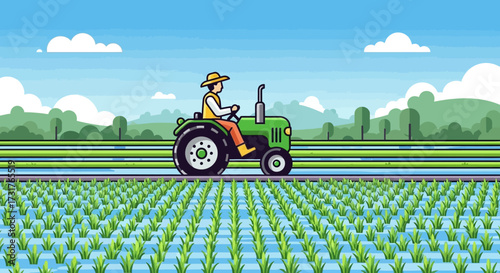 Farmer driving a green tractor through a lush green field.