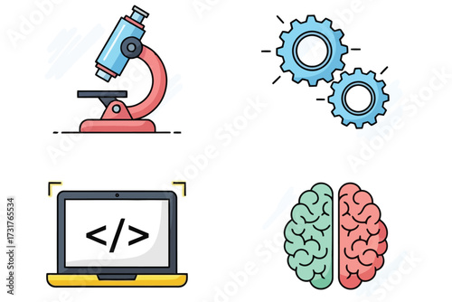 STEM and Cognitive Icon Set – Microscope, Gears, Code Laptop, and Split Brain Illustration Representing Science, Engineering, Programming, and Analytical vs Creative Thinking