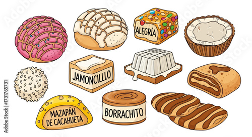 Colorful hand-drawn illustration showcasing various traditional Mexican sweets and desserts