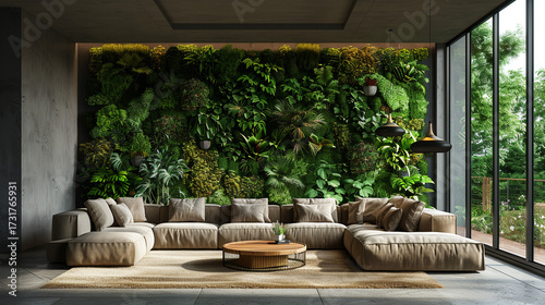 A luxurious modern living room interior featuring elegant white sofas, stylish armchairs, lush indoor plants, a wooden coffee table, and large arched windows inviting natural light for a serene, cozy,