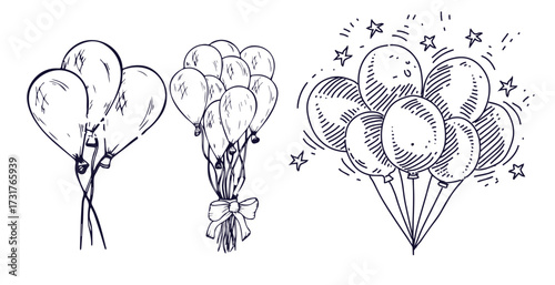Balloon outline elements clipart set. Inflatable floating balloons with printed pattern drawing icon clip art collection