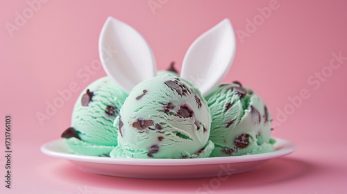 Three scoops of mint chocolate chip ice cream are playfully styled with white bunny ears on a white plate, set against a pastel pink background, blending sweetness, creativity, and whimsical dessert a