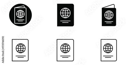Black and white passport icons set featuring globe symbols and outline styles for travel, identity, documentation, and international design