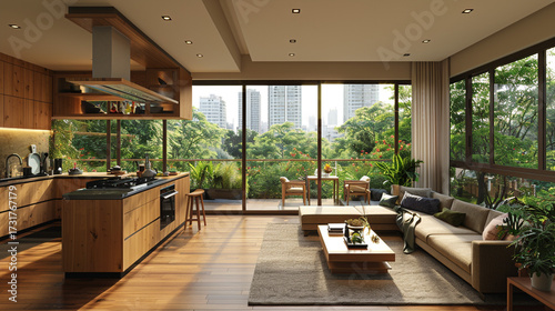 A luxurious modern living room interior featuring elegant white sofas, stylish armchairs, lush indoor plants, a wooden coffee table, and large arched windows inviting natural light for a serene, cozy,