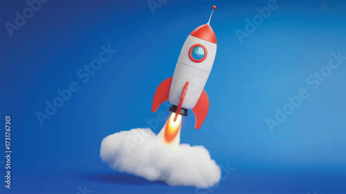 Cartoon rocket launch illustration with red fins, blue window, and smoke trail on gradient sky background symbolizing innovation and progress