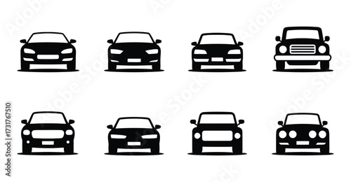 Black car front view icons set featuring diverse vehicle silhouettes for automotive design, transport apps, and vehicle identification UI