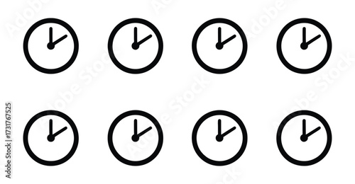 Black analog clock icons set showing hourly time intervals from 2:00 to 9:00 for scheduling, time-telling, education, and UI design
