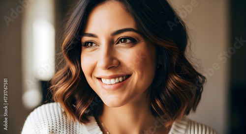 Close-up portrait of a beautiful young brunette woman with a natural smile and clear eyes