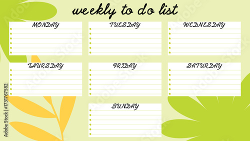 Creative weekly to do list planner template featuring daily task boxes with leaf decorations ideal for productivity organization study routine office planning and personal task management