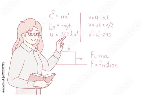 Smiling female teacher standing near black board talking at lesson in school. Happy woman tutor lead math class for pupils. Education. Vector illustration.