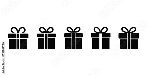 Black gift box icons in horizontal alignment featuring ribbon and bow silhouettes for celebration, holiday, birthday, and festive design