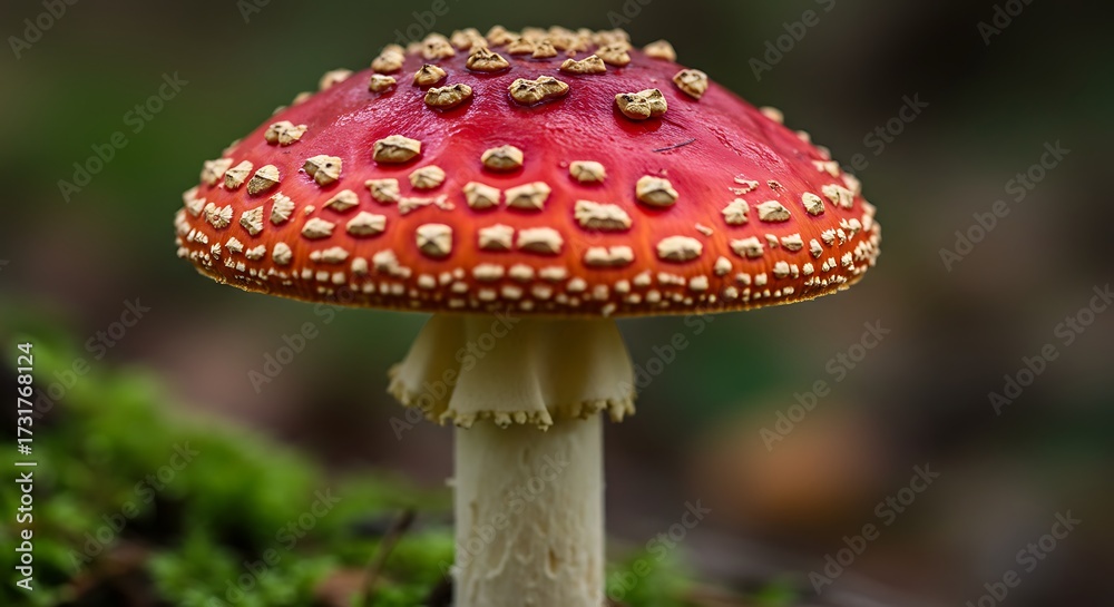 Obraz premium Vibrant red and white mushroom in a forest environment close up