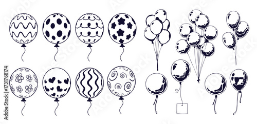 Balloon outline elements clipart set. Inflatable floating balloons with printed pattern drawing icon clip art collection