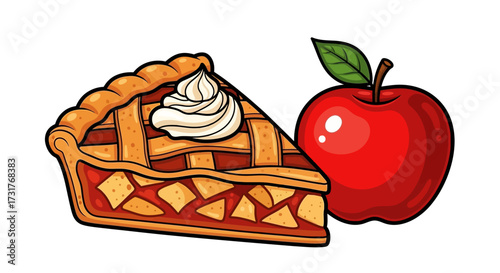 Illustrative depiction of a slice of apple pie accompanied by a ripe red apple