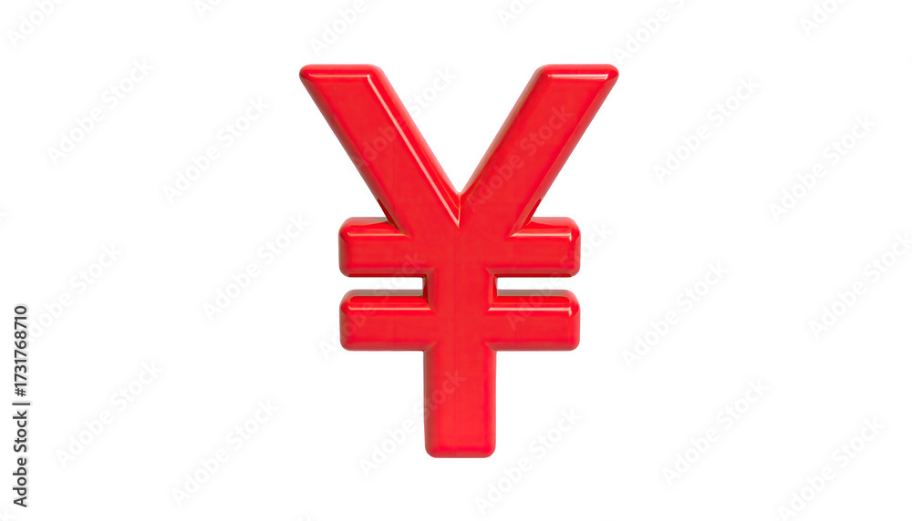 Obraz premium A glossy red Japanese Yen symbol floats centered against a stark black background