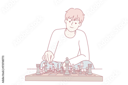 Young man feel frustrated think playing chess at home. Millennial guy involved in game on chessboard. Hobby concept. Vector illustration.