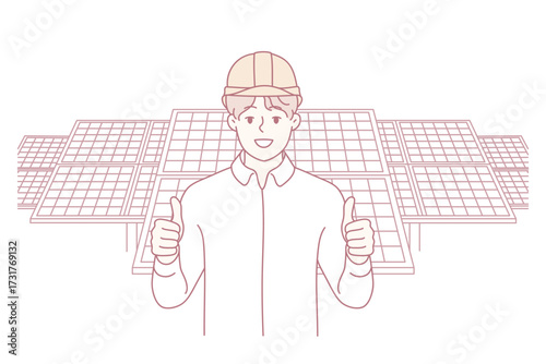Smiling male engineer in helmet show thumb posing near solar panels. Happy man worker recommend building company. Vector illustration.