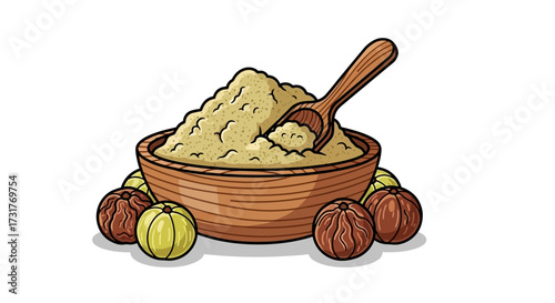 Hand drawn illustration of amla powder in a wooden bowl with fresh amla fruits