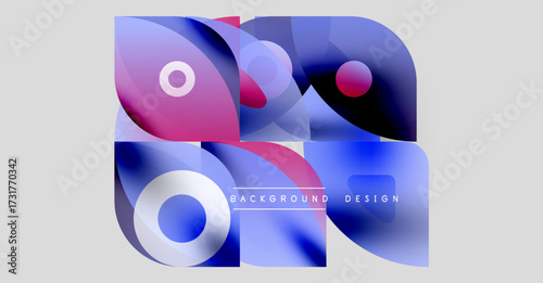 Abstract geometric shapes, vibrant colors, modern design. Overlapping elements create dynamic composition, soft gradients present.