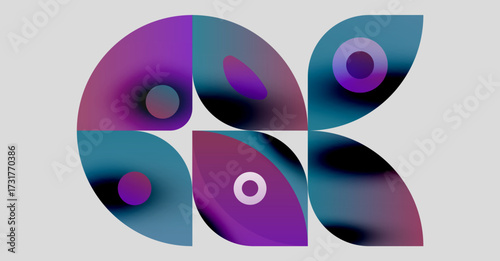 Abstract shapes, vibrant colors, overlapping circles create modern design. Purple, teal hues dominate composition. Minimalist aesthetic.