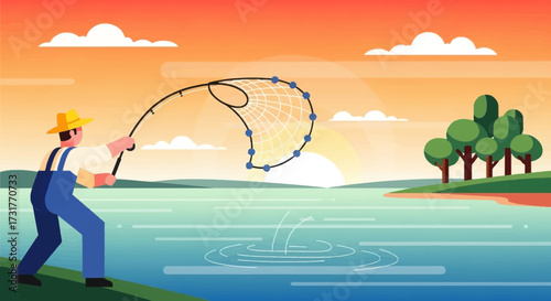 Man Fishing with Rod and Net at Sunset.