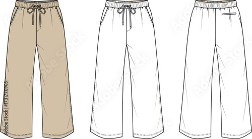 Fashion technical drawing pants, flat sketch jogger trousers, vector apparel illustration, sportswear design template, unisex casual pants mockup, garment construction outline, fashion CAD sketch