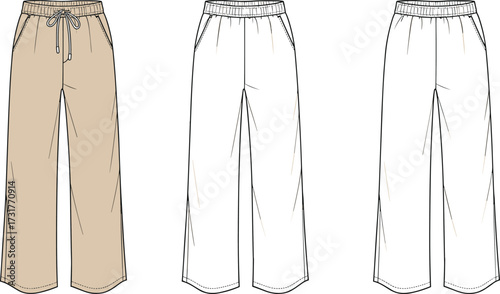 Fashion technical drawing, pants flat sketch, vector illustration, garment design template, jogger trousers, sewing pattern, apparel mockup, clothing blueprint, unisex casual wear, fashion CAD