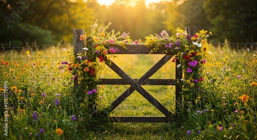 Wooden gate in a flower field with sunlight representing open opportunities