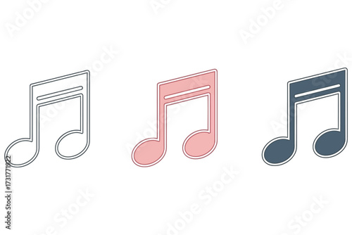 Musical Note Icon Set – Three Stylized Double Eighth Notes in Light Gray, Pink, and Dark Blue Variants – Minimal Vector Design for Music Apps, UI States, or Entertainment Themes