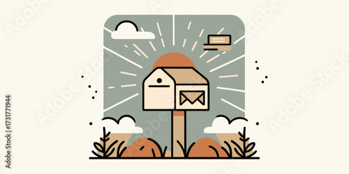 Minimalist flat design illustration of a charming mailbox with an envelope, bathed in the soft glow of a sunrise, representing connection and daily correspondence
