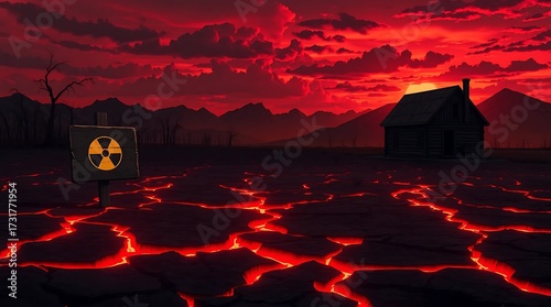 Wooden radiation warning sign on cracked glowing ground with lava fissures under red cloudy sky and mountains