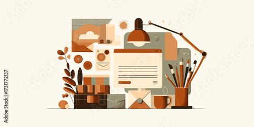 Illustrated view of an inspiring home office desk for a creative professional, showcasing digital and traditional art tools in a modern flat design