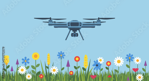Modern Drone Flying Over Colorful Spring Meadow Flowers.