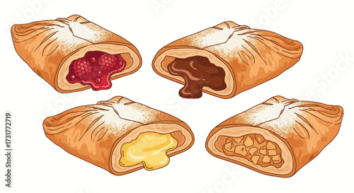 Delicious assorted pastries with fillings and powdered sugar for bakery illustration