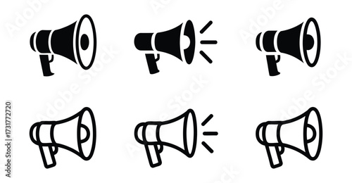 megaphone icon set in black and white, symbolizing announcements, alerts, communication, and broadcasting — minimal vector for UI design