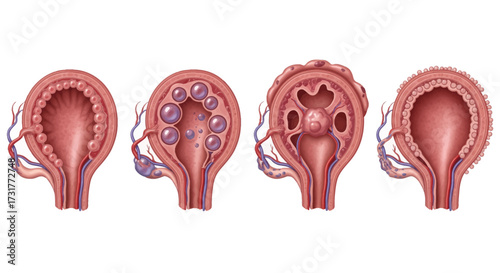 Visualizing polycystic kidney disease progression, detailed medical illustration showing cysts and organ damage, perfect for educational materials