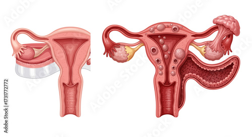 Understanding ovarian cysts and the healthy uterus anatomy, a side-by-side comparison showing the female reproductive system and common health problems