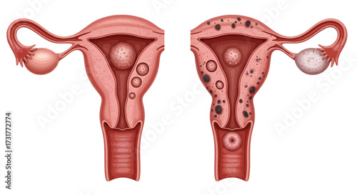 Understanding uterine health: A detailed anatomical comparison of a healthy uterus versus one affected by endometriosis and fibroids, informative medical visualization