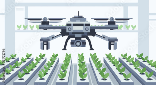 Modern drone technology monitoring crops in a futuristic greenhouse setting.