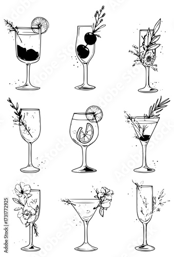 A set of glasses with alcoholic cocktails and flower-shaped decorations
