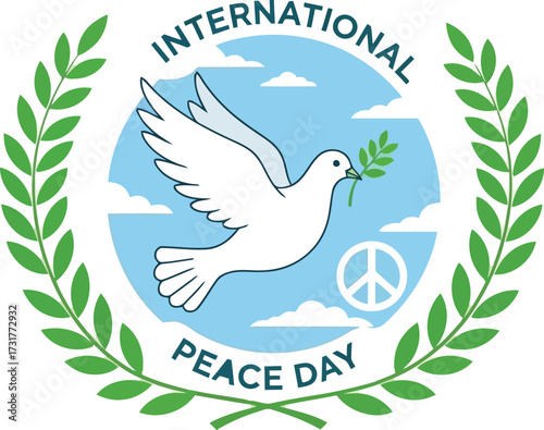 International peace day dove with olive branch isolated on white background